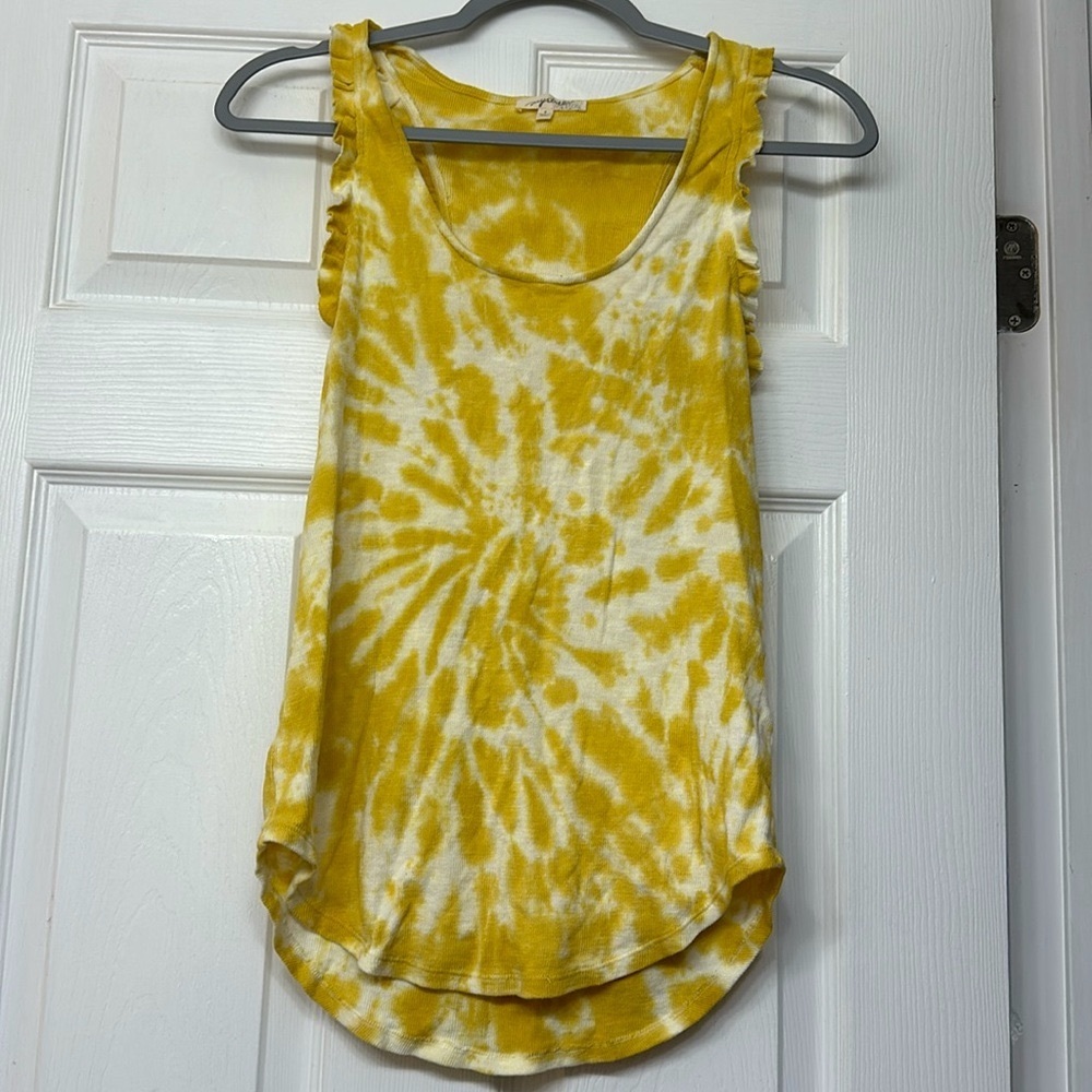 Mystree Yellow White Tie Dye Ruffle Tank Top